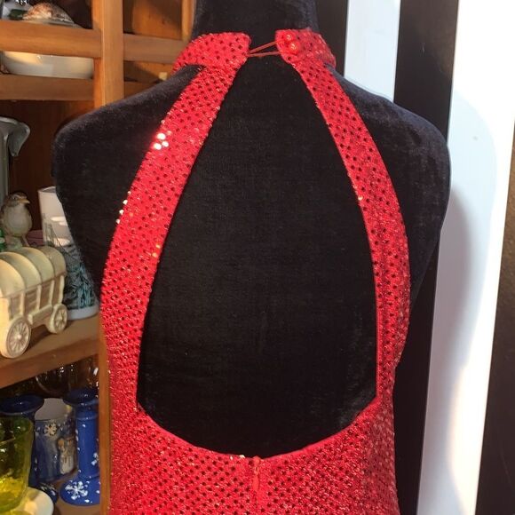 Sexy Retro Vintage 90s Red Sequin Floor Length Formal Gown Halter Neck Leg Slit - Picture 6 of 16